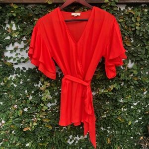 Coral Red Flowy Sleeve Drawstring Blouse